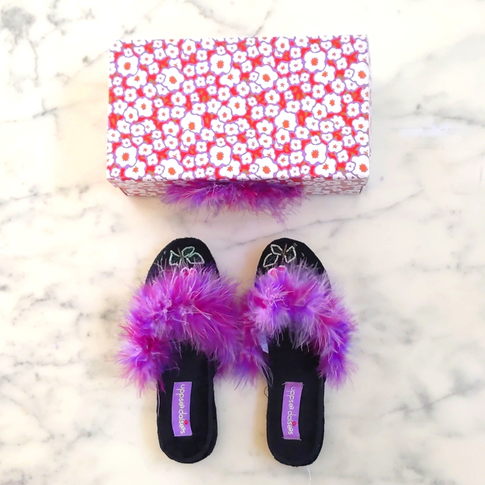 NWT. Woman's Black velour slippers with beaded embroidery & faux feather trim.